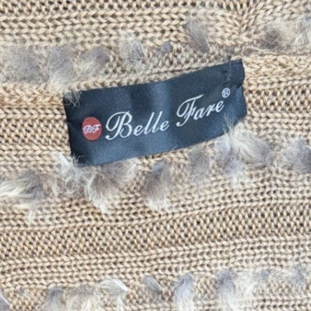 Belle Fare‎ Real Fur Knit Vest Scarf Brown Tan Fringed Pocketed Wrap - Picture 2 of 4